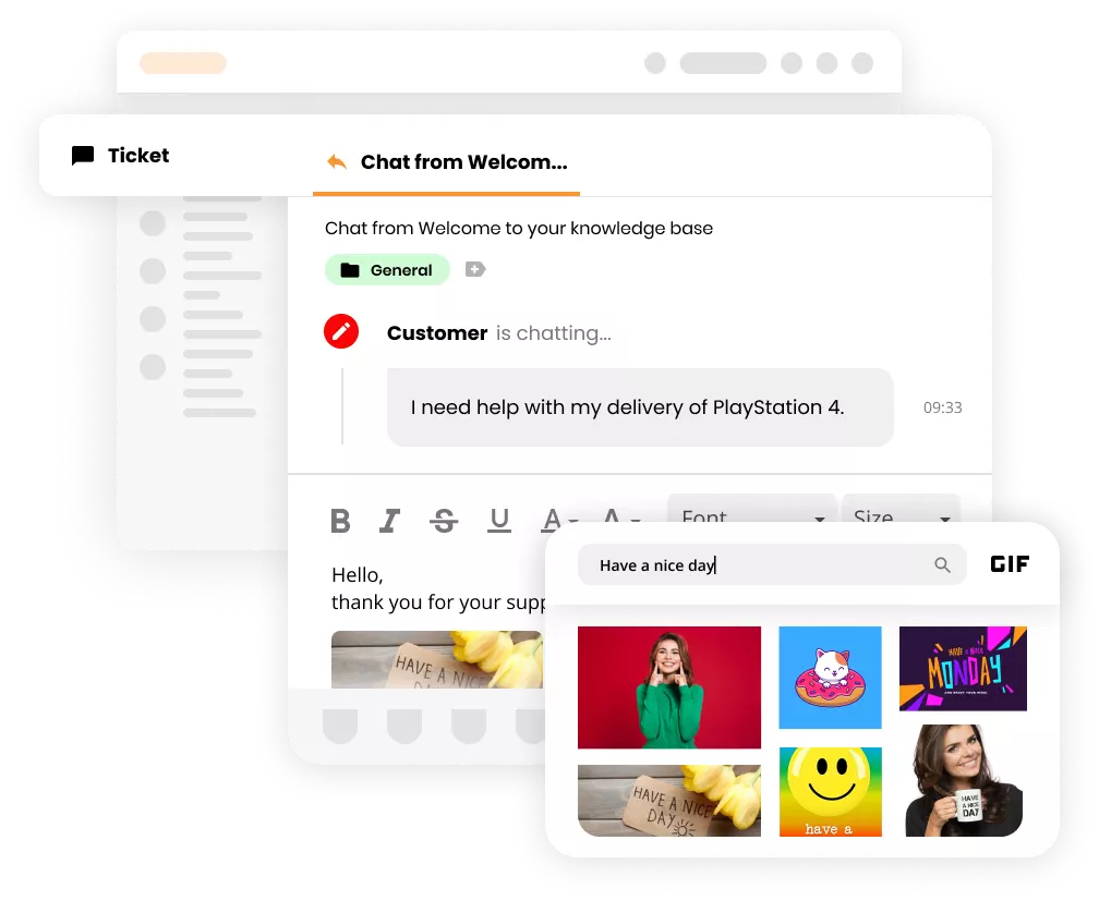 Giao diện hệ thống ticketing LiveAgent hiển thị GIF trong vé.