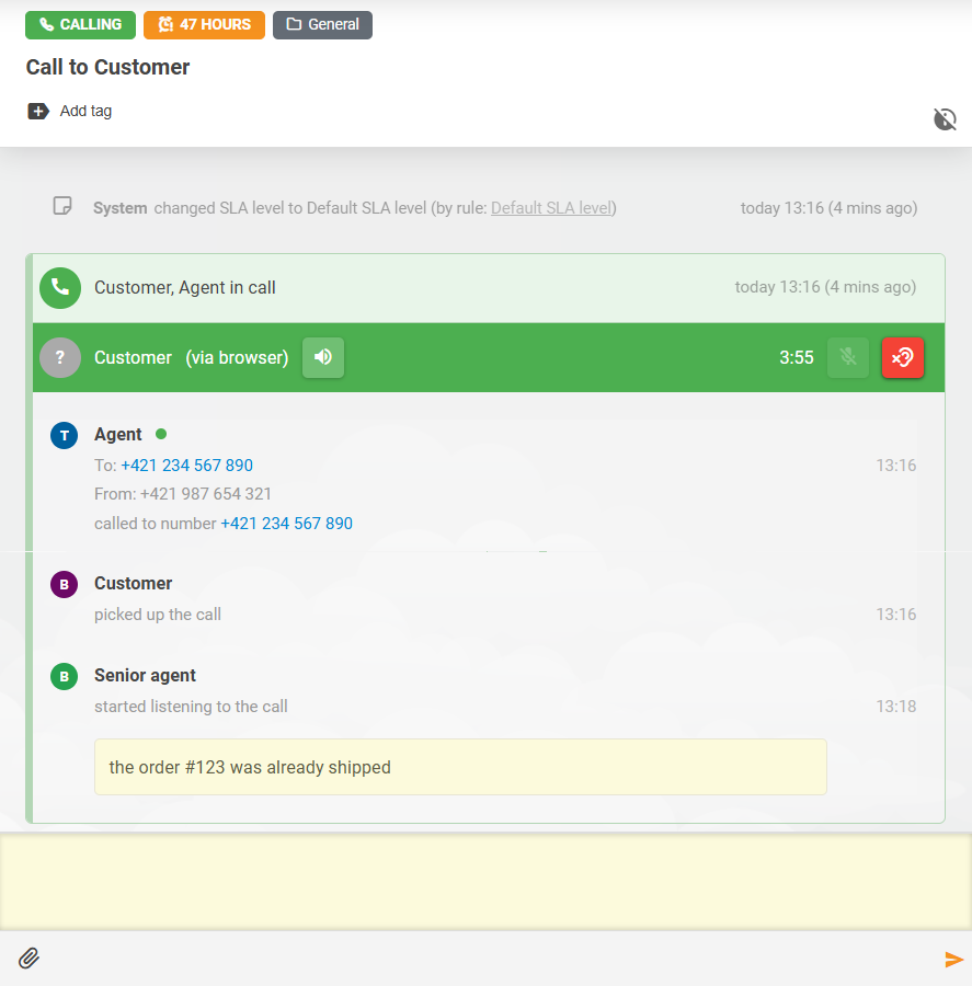 Tính năng nghe cuộc gọi LiveAgent với tương tác ghi chú giữa các tác nhân