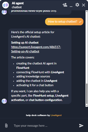 LiveAgent AI Agent trò chuyện với hỗ trợ markdown