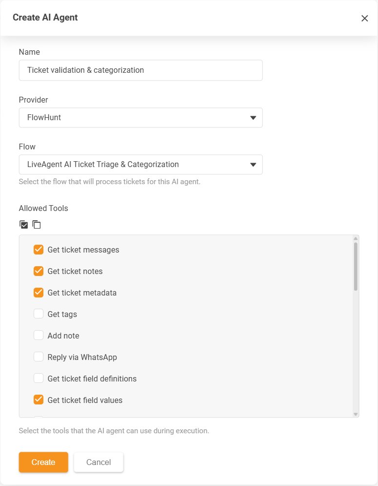 Hộp thoại LiveAgent Create AI Agent với danh sách Allowed Tools gồm các hành động được phép