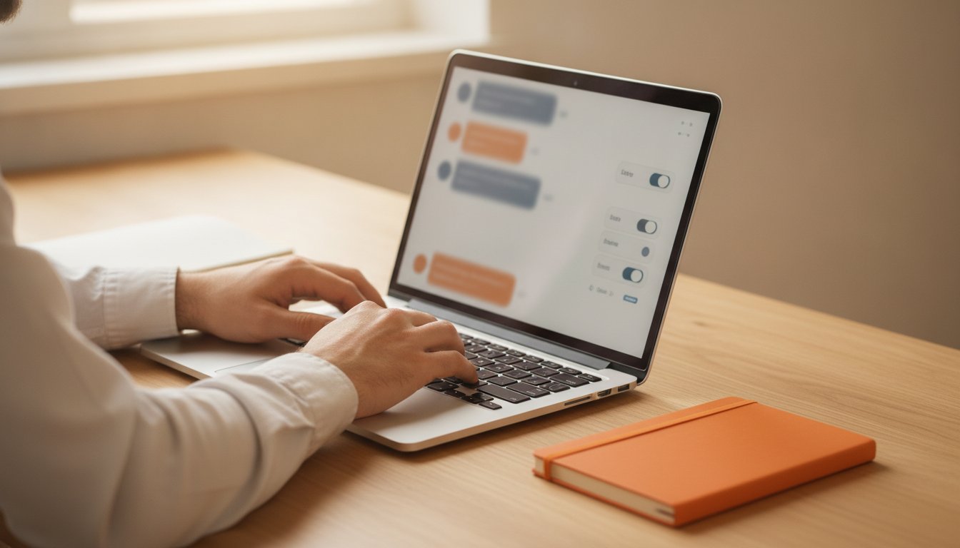 Quản lý hỗ trợ đang điều chỉnh cài đặt chuyển giao và chuyển cấp chatbot LiveAgent trên máy tính xách tay