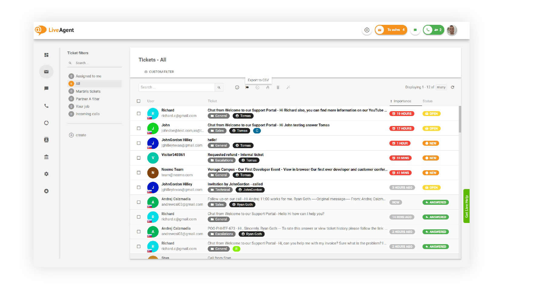 Hộp thư đến hợp nhất LiveAgent với ticket email, chat và cuộc gọi trong một hàng đợi
