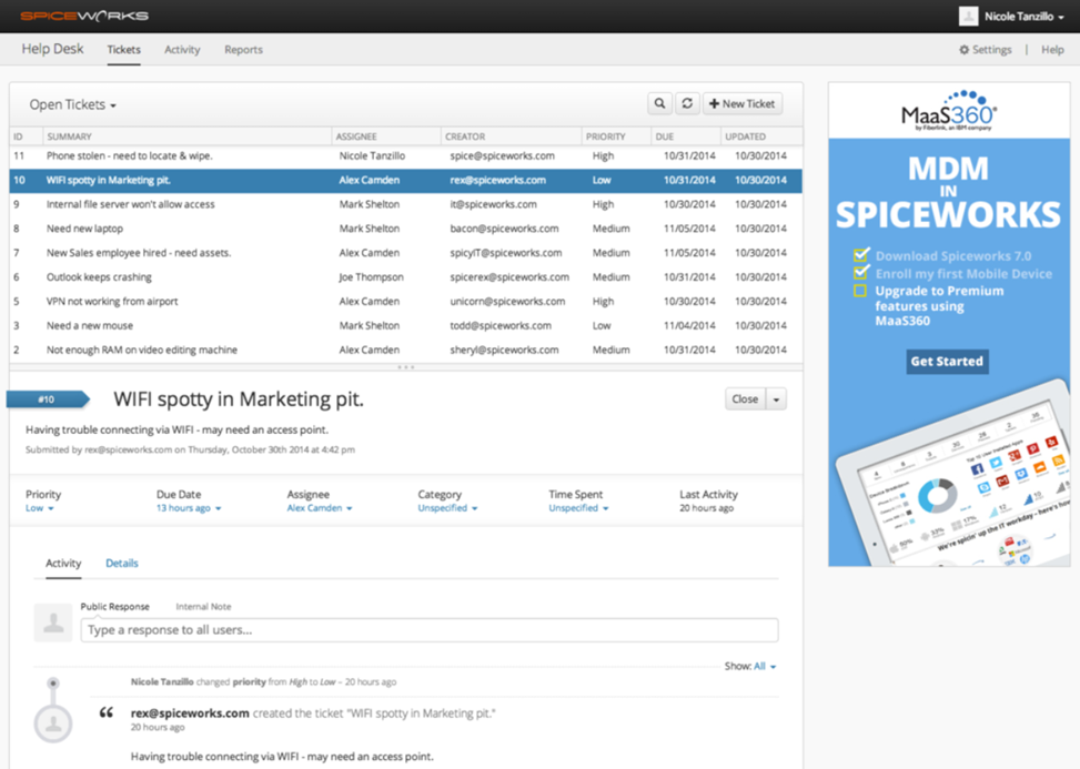 Danh sách vé Spiceworks Cloud Help Desk với các bài gửi từ cổng thông tin người dùng