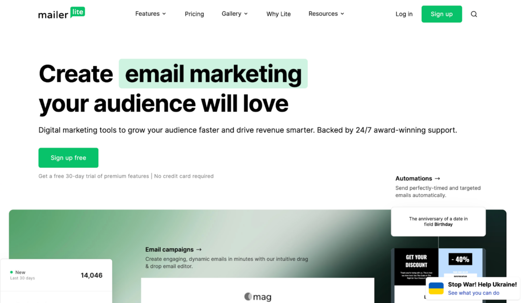 Trang chủ Mailerlite, một hệ thống quản lý email thân thiện với người dùng