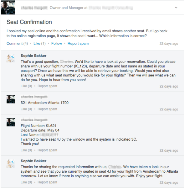 Câu trả lời của KLM Airlines cho câu hỏi của khách hàng trên LinkedIn