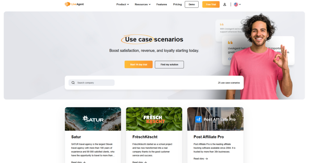Ảnh chụp màn hình website LiveAgent nơi họ chia sẻ câu chuyện thành công của khách hàng