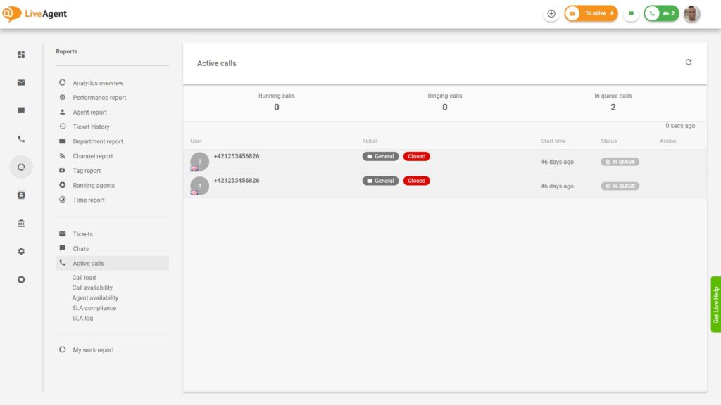 Báo cáo trung tâm cuộc gọi LiveAgent