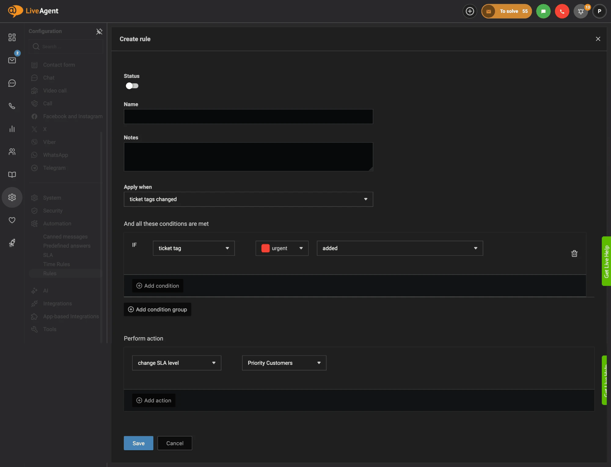 Quy tắc LiveAgent thay đổi cấp độ SLA thành Khách hàng ưu tiên khi thẻ urgent được thêm vào một ticket