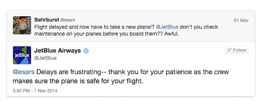 Câu trả lời của JetBlue cho tweet khách hàng không hài lòng trên Twitter