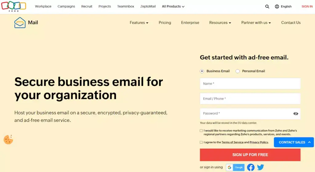 Trang chủ Zoho Mail, phần mềm quản lý email tốt cho doanh nghiệp