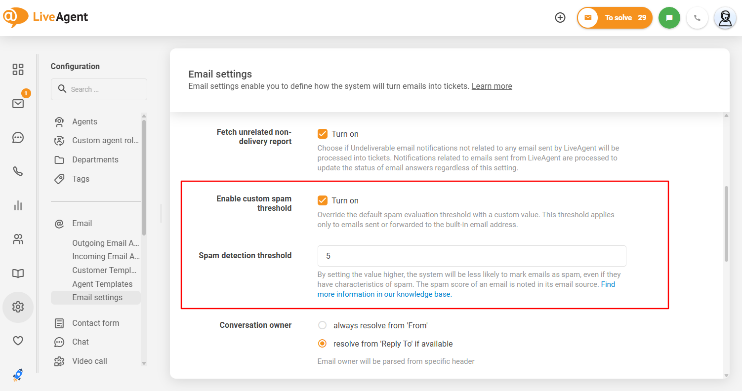 Giao diện ngưỡng spam tùy chỉnh của LiveAgent