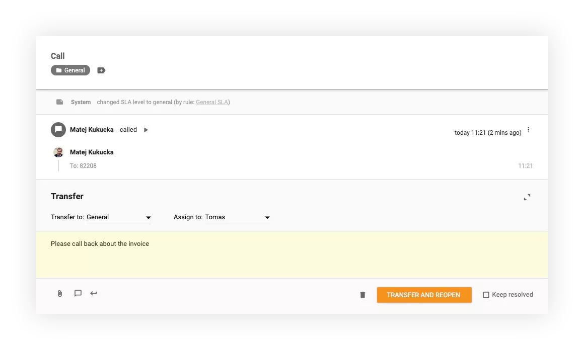 Ảnh chụp màn hình cho thấy cách chuyển tiếp các cuộc gọi trong LiveAgent cho các bộ phận và nhân viên khác