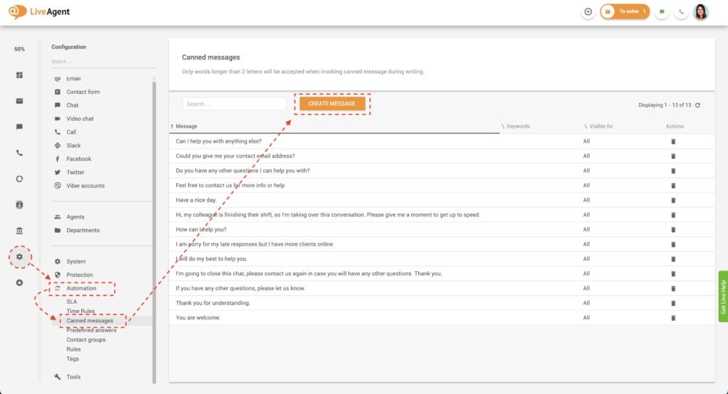 Create canned messages in LiveAgent