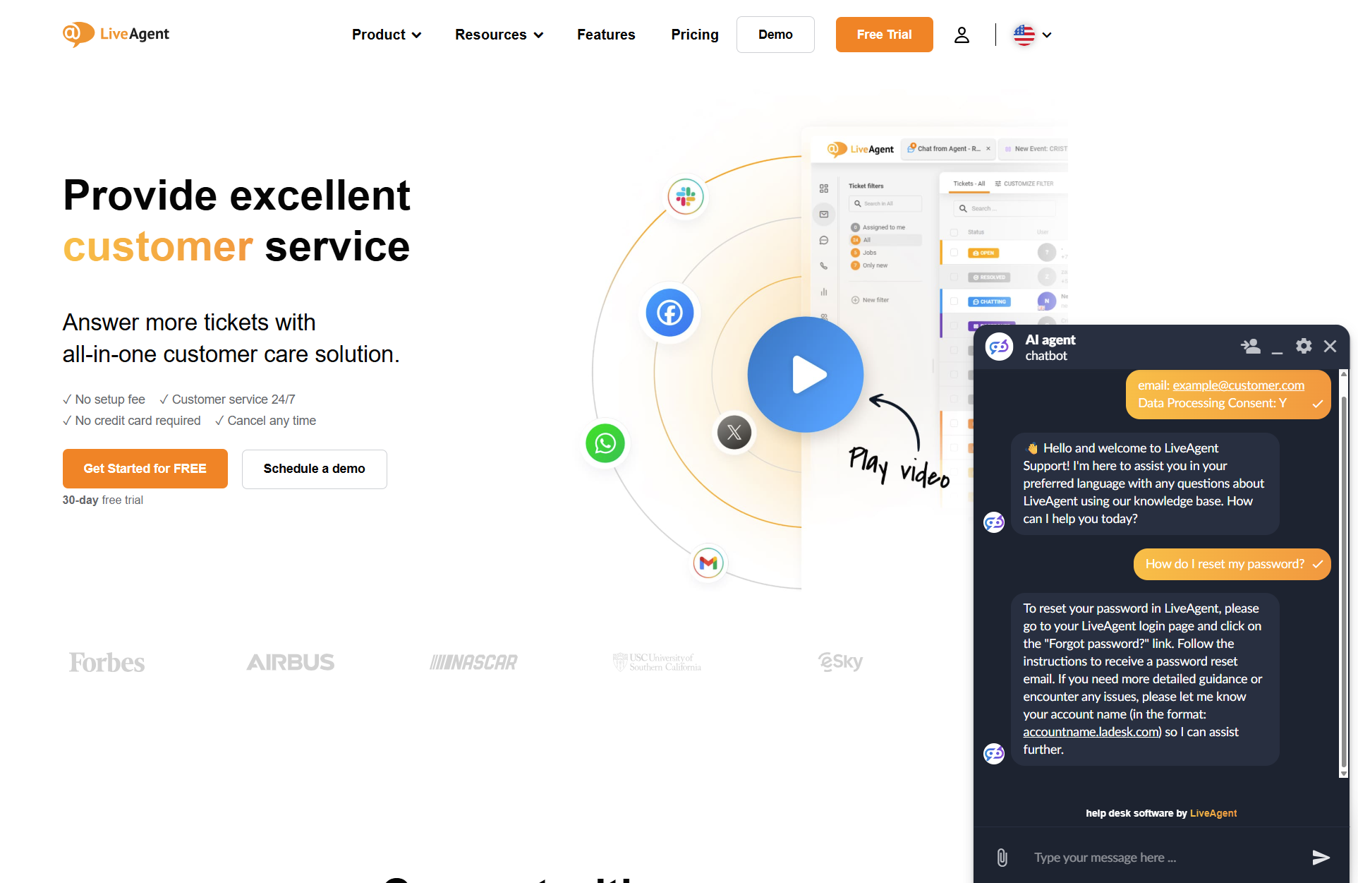 Cuộc trò chuyện chat Chatbot AI của LiveAgent trên trang LiveAgent