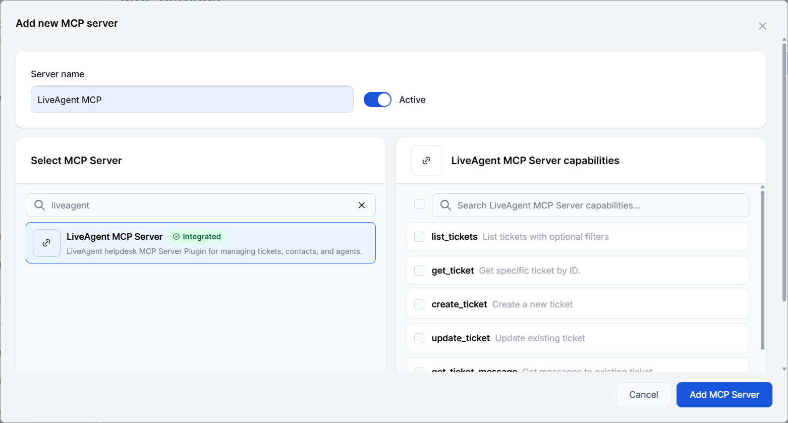 Một máy chủ MCP Liveagent mới được thêm vào FlowHunt