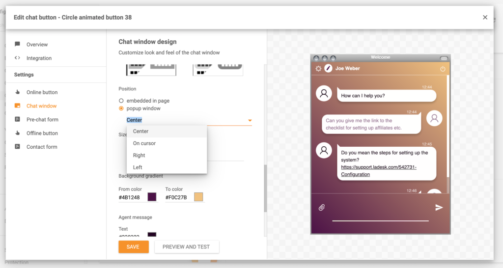 Tính năng cửa sổ bật lên LiveAgent
