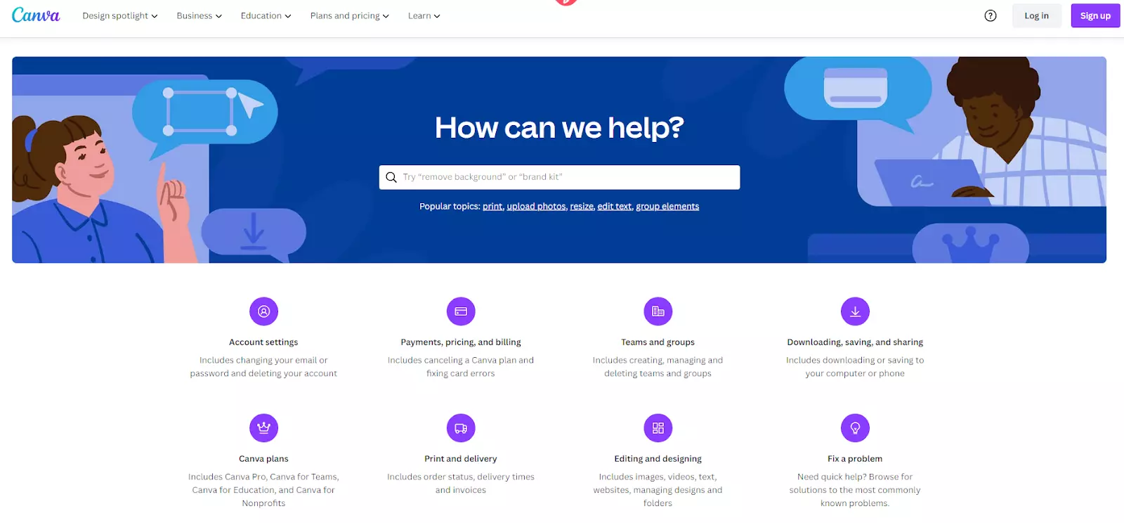 Canva's knowledge base page