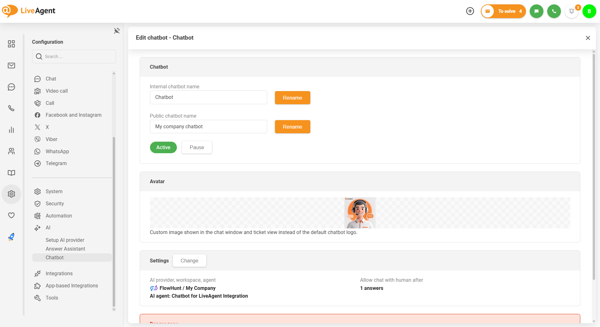 Chatbot AI LiveAgent với tải lên hình ảnh avatar tùy chỉnh