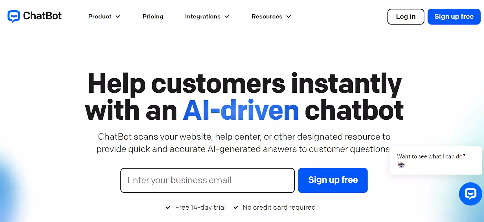 Ảnh chụp màn hình trang chủ ChatBot - cung cấp câu trả lời được tạo bởi AI với chatbot mạnh mẽ của họ