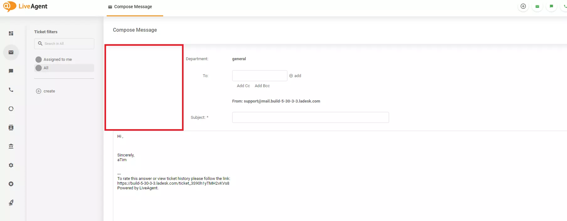 Hình ảnh cho thấy vấn đề thiết kế trong màn hình Soạn tin nhắn trong LiveAgent