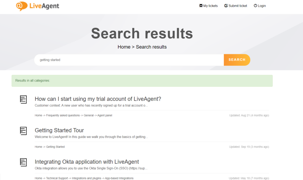 LiveAgent's knowledge base with various user guides