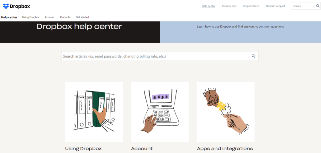 Dropbox's help center
