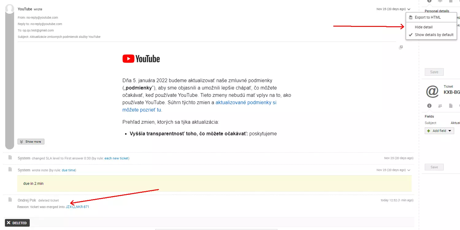 Hình ảnh hiển thị lỗi nguồn email sau khi hợp nhất hai vé, vấn đề có trong các phiên bản trước của LiveAgent
