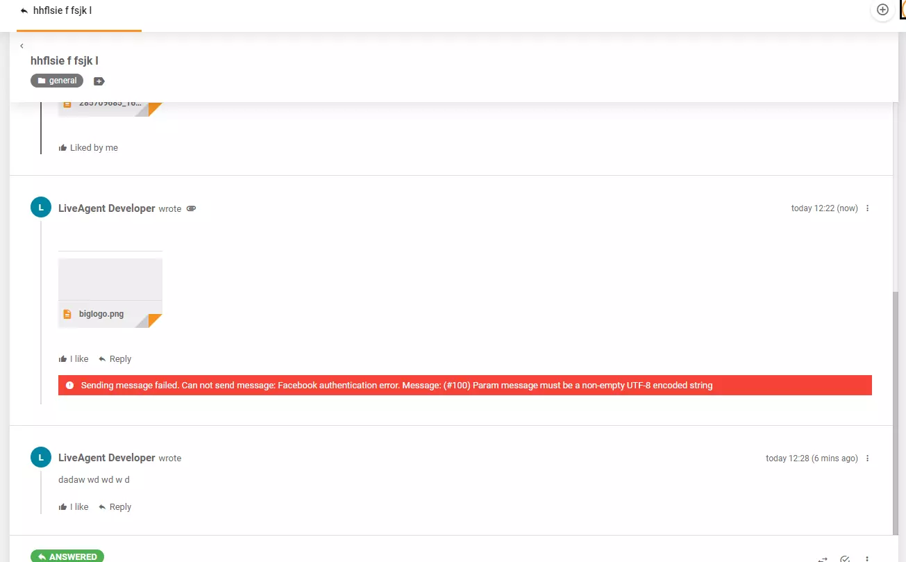Thông báo lỗi được hiển thị khi đăng hình ảnh trên Facebook thông qua LiveAgent