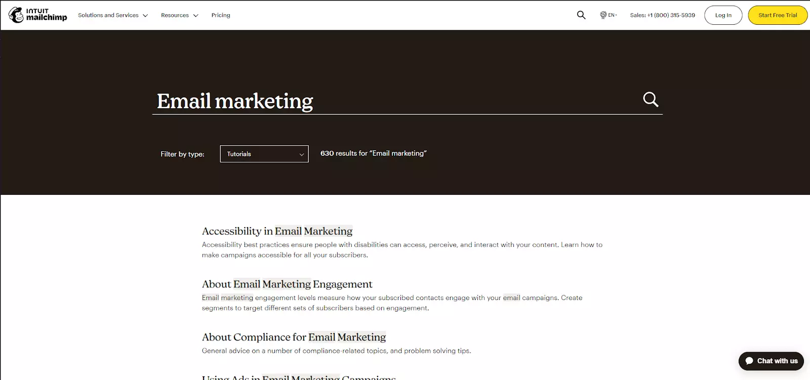 Ví dụ về chức năng tìm kiếm trong cơ sở kiến thức MailChimp