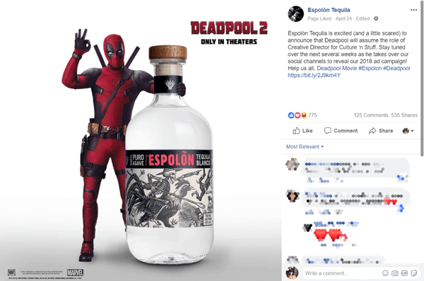 Thông báo quan hệ đối tác thương hiệu Tequila với bộ phim Deadpool 2 trên Facebook