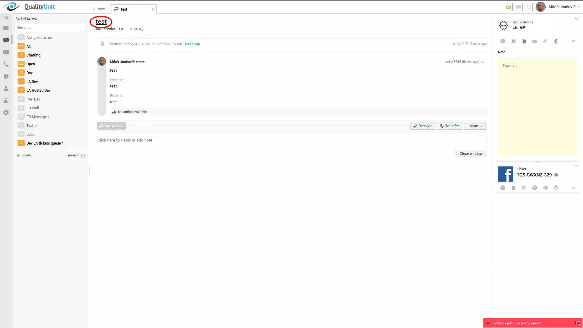 Lỗi bài viết Facebook ở góc phải của giao diện người dùng LiveAgent