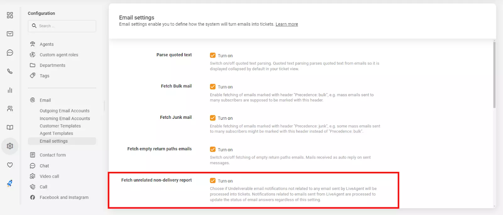 Cài đặt email trong LiveAgent hiển thị tùy chọn 'tìm nạp báo cáo không gửi được không liên quan