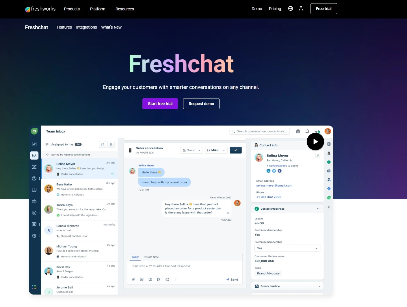 Ảnh chụp màn hình trang chủ của Freshdesk - công cụ trò chuyện trực tiếp để có những cuộc trò chuyện thông minh hơn và nhanh hơn