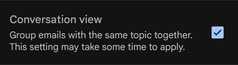 Hộp kiểm để bật và tắt Chế độ xem cuộc trò chuyện trong ứng dụng Gmail