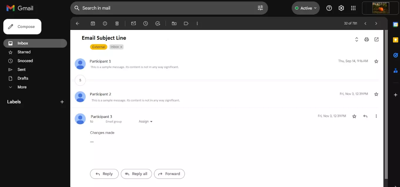 Một ví dụ về luồng email giữa nhiều người tham gia trong một khoảng thời gian