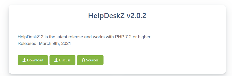 An example of the download page of an open source ticketing system with the download button, discussion, and sources
