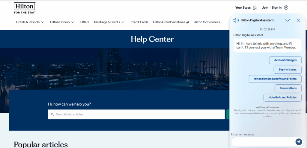 Trợ lý kỹ thuật số Hilton trên trang web của Hilton
