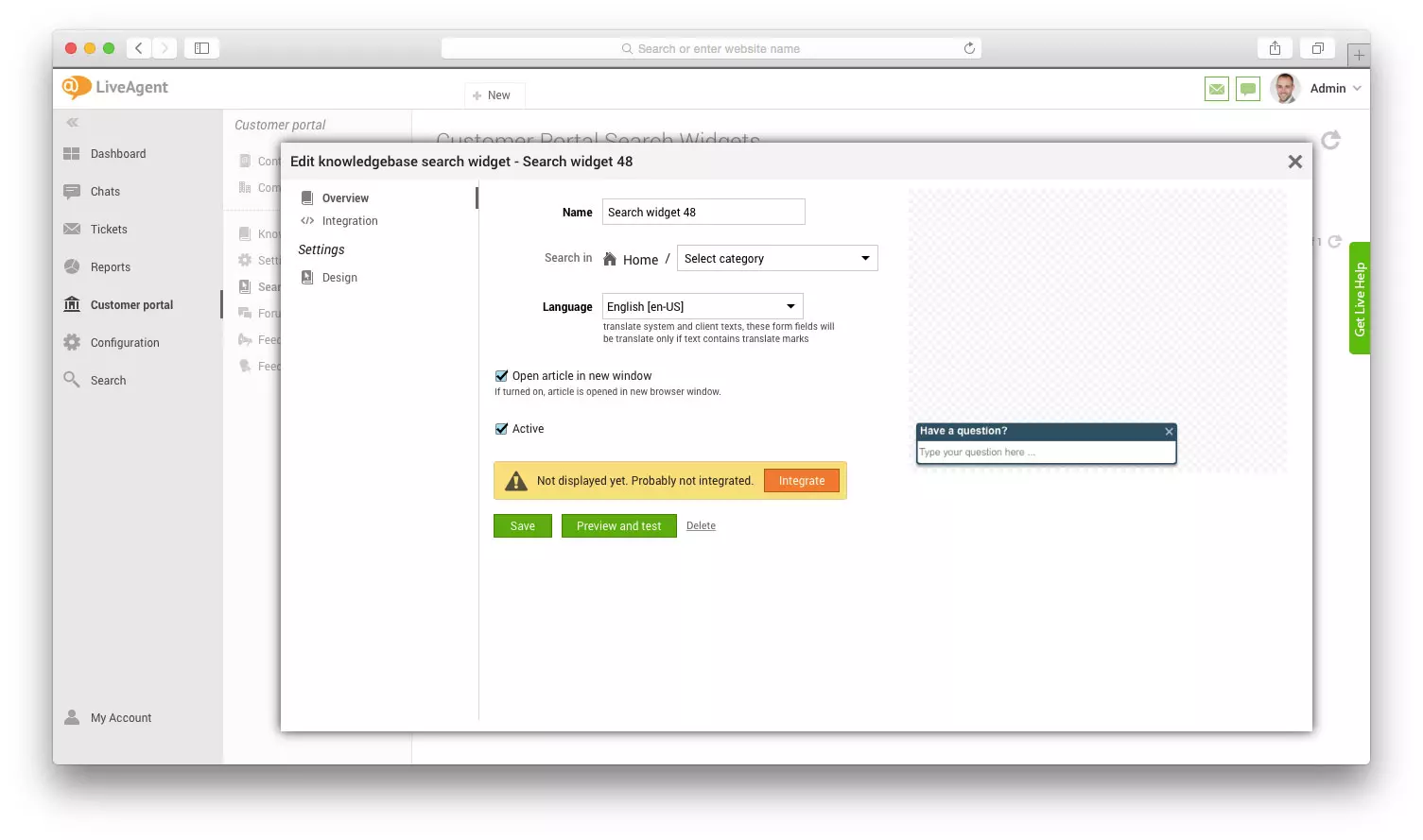 Chỉnh sửa tiện ích tìm kiếm cơ sở kiến thức trong LiveAgent