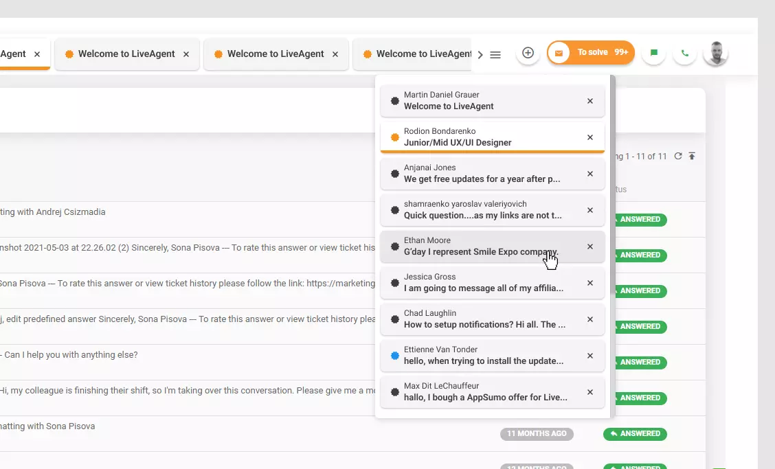 LiveAgent - Danh sách các ticket đang mở