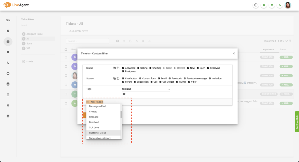 Bộ lọc khách hàng LiveAgent