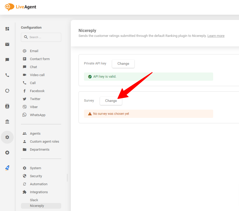 Chọn cuộc khảo sát Nicereply bạn muốn sau khi dán khóa API vào LiveAgent