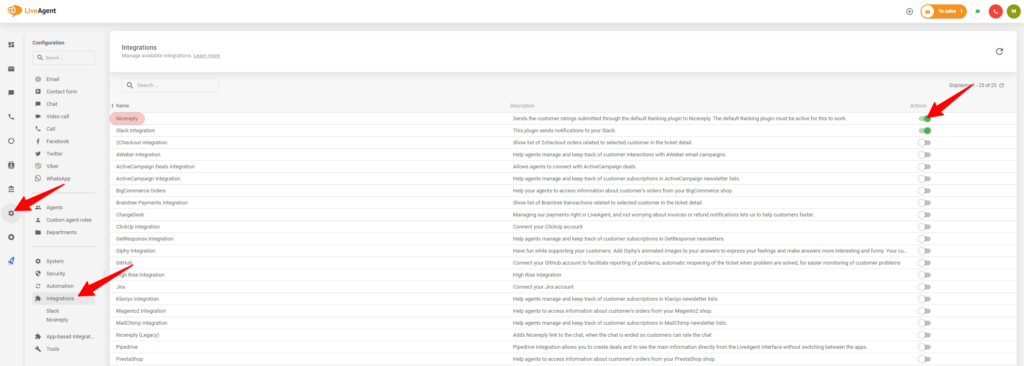 Quá trình bật tích hợp với Nicereply trong cài đặt LiveAgent