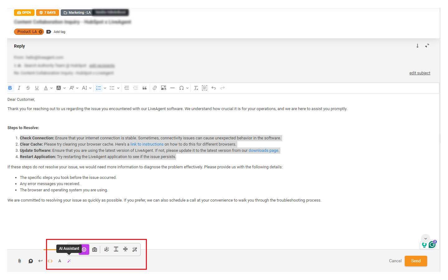 Giao diện trợ lý trả lời AI của LiveAgent