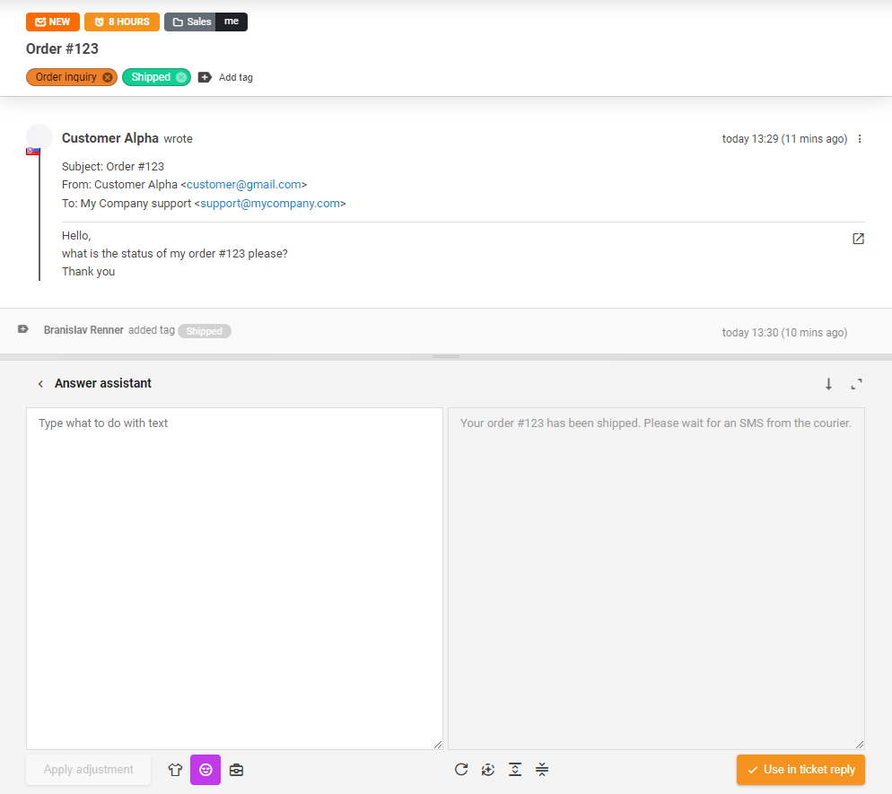 Công cụ Trợ lý Trả lời AI đang được sử dụng để trả lời ticket