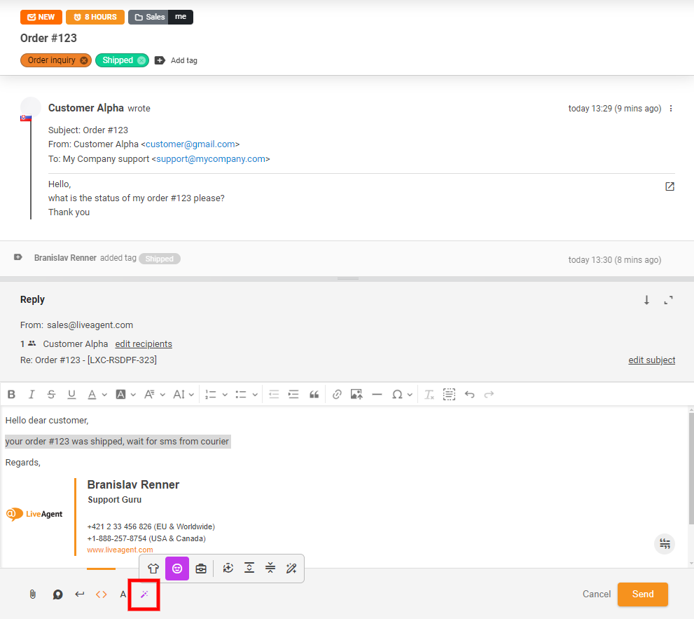 Ảnh chụp màn hình nút Trợ lý Trả lời AI trong phần chat
