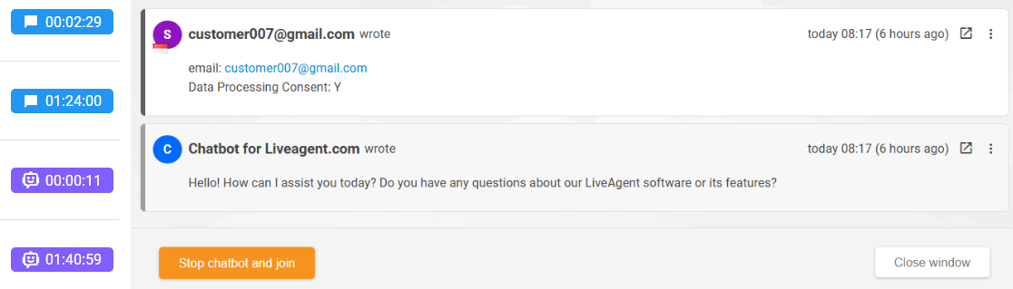 Preview of an AI Chatbot ticket in LiveAgent