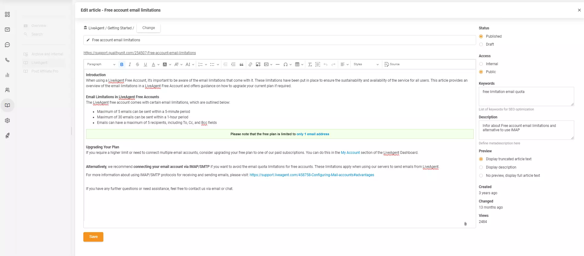Trình chỉnh sửa bài viết trong LiveAgent