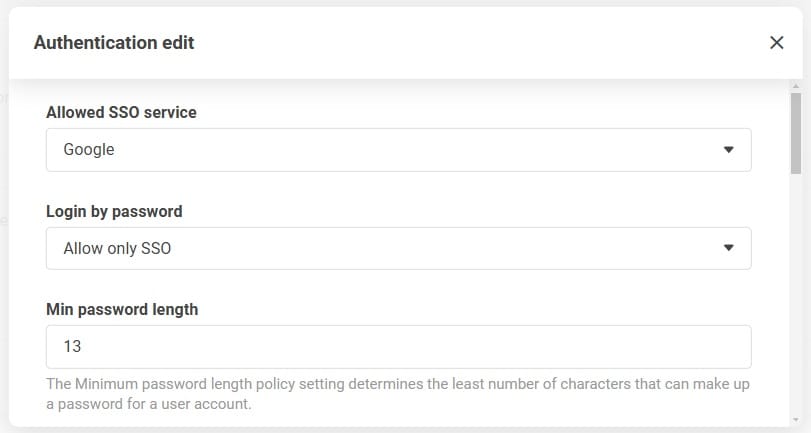 Màn hình cài đặt xác thực hiển thị tùy chọn chỉ cho phép SSO trong phần đăng nhập mật khẩu