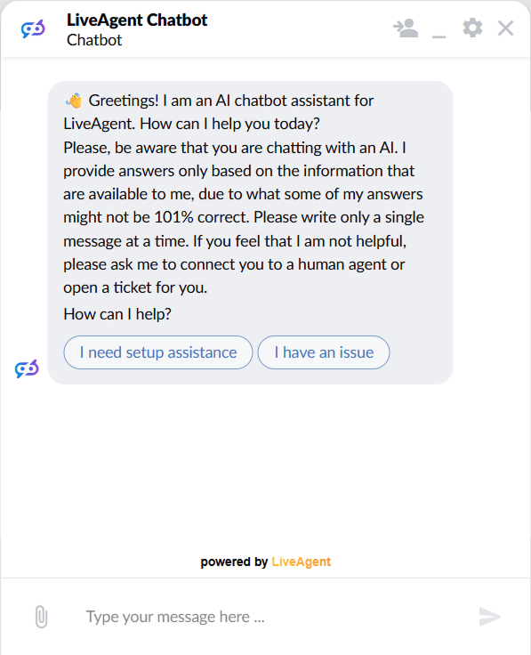 Cửa sổ chat LiveAgent hiển thị lời chào từ chatbot AI với hai nút trả lời có thể bấm để được trợ giúp thiết lập và báo cáo sự cố