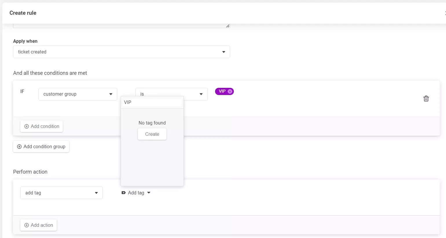 Ảnh chụp màn hình của phần tạo quy tắc, hiển thị cách thêm một thẻ mới.